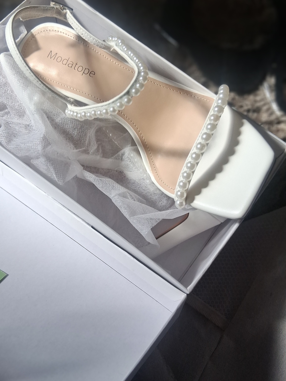 Modatope White Pearl-Strap Block Heel Sandals with Ankle Strap